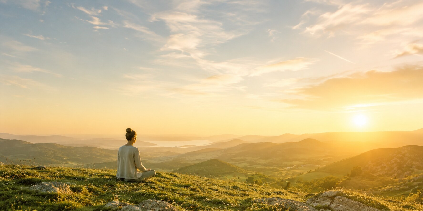 Persona meditando frente a un paisaje natural al amanecer